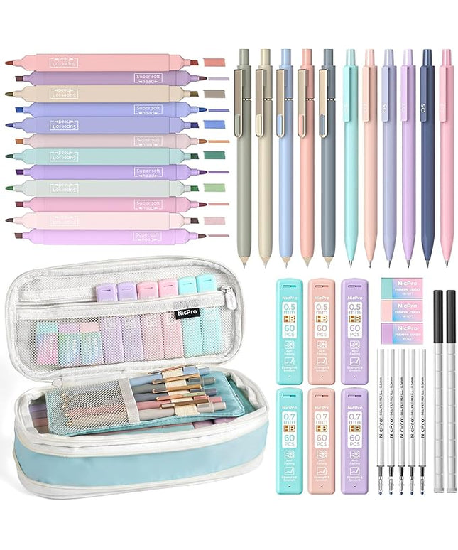 Nicpro 39 PCS Aesthetic School Supplies with Cute Pen Case, 12 Pastel Highlighters, 5 Black Ink Gel Pens, 6 Mechanical Pencils Set 0.5 & 0.7mm for Students Stationary College Essentials (Blue)