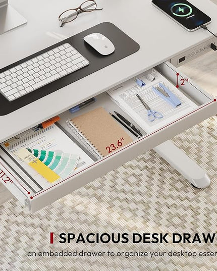 Standing Desk with Drawer, Electric Height Adjustable Home Office Desk with Storage & USB Ports, 55 inch White Wood Tabletop/White Frame