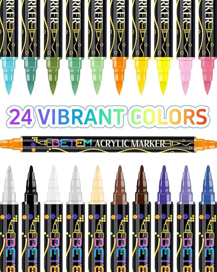 Betem Acrylic Paint Markers, Dual Tip 24 Colors Acrylic Paint Pens with Brush Tip and Fine Point, Art Supplies for Rock, Wood, Canvas, Stone, Glass, Ceramic, Rock Painting Christmas Gift