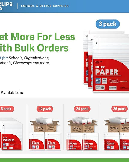 Wide Ruled Loose Leaf Paper Wide Ruled Notebook Paper Lined Writing Filler Paper 10.5” x 8” 56 gsm 450 Sheets 150 Sheet Per Pack (3 Pack)