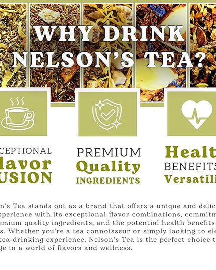 Nelson's Tea Favorites Sampler Pack - Caffeine Free - Loose Leaf Tea Sampler - A&J's Root Beer 2oz, Banana Nut Bread 2oz, Chamomile Honey Vanilla 1.1oz, Lemon Ginger Honey 1.6 oz, Peach Dream 2 oz