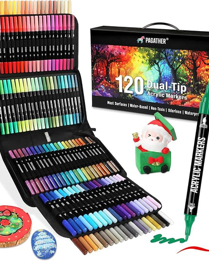 120 Colors Acrylic Paint Markers, Dual Tip Fine and Brush Tips Pens Contain 24 Metallic Color for Stone, Wood, Calligraphy, Canvas, Ceramic, Metal, Glass, Rock Painting, DIY Crafts Art Supplies Kit