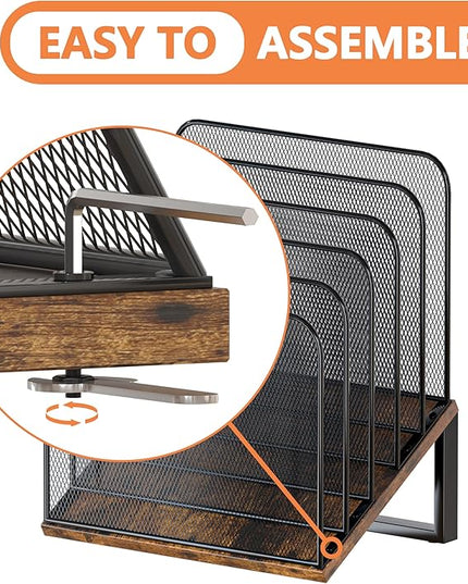 Piskyet Vertical File Organizer, 5-Section Vertical File Folder Holder Stand,Metal Mail Paper Chromebook Organizer for Teacher Desk Office Classroom Desktop Organization（Inclined）