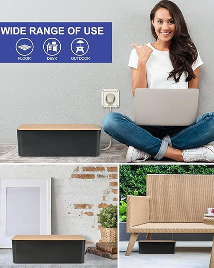 Cable Management Box - Wooden Style Cord Organizer Box to Hide Wires & Power Strips | Desk Computer Cable Organizer Box | Safe ABS Material | 12.6" (L) x 5.3" (W) 4.9" (H) | for Home & Office - Black