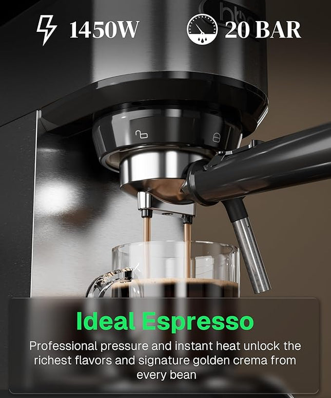 HBN 20 Bar Espresso Machine with Milk Frother, Compact Espresso Maker for Ground Coffee, Stainless Steel Coffee Machine with Steam Wand & 34oz Removable Water Tank, 1450W for Home & Office