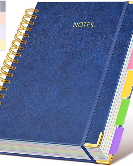Hardcover Spiral Notebook journal with Removable Dividers Tabs, 300 Pages Leather 5 Subject Notebook College Ruled, 8"x10" Large B5 Notebooks for Work School Note taking, Lined Journal for Women,Navy