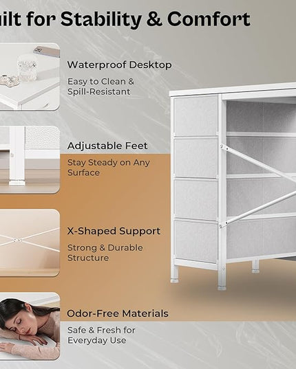 Huuger 63 Inch L Shaped Desk with Fabric Drawers, Reversible Computer Gaming Desk with Power Outlets and USB-C Port, Adjustable Side Storage Shelves, for Work Study Corner Home Office, White