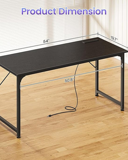 PRAISUN 54 X 20 Inch Office Computer Desk with Power Outlets and USB-C Port, Larger and Longer Gaming Desk, for Home Office, Study, Bedroom, Writing Work from Home Table, Metal Frame, Black