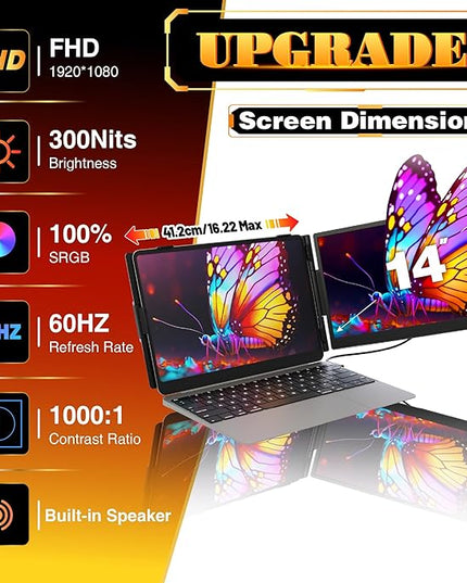 Laptop Screen Extender 0.27" Ultra-Thin, 14" FHD 1080P IPS Lightweight Dual Portable Monitor, USB-C/HDMI Plug & Play for 13-17" Laptops, Travel screen compatible with Windows/Mac/Chrome/Switch/Android