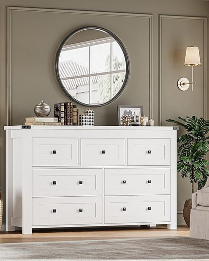 BORNOON 7-Drawer Dresser, Modern Wooden Storage Chest of Drawers, Dresser TV Stand, Wood Drawer Organizer with Metal Handles for Bedroom, Living Room, Hallway