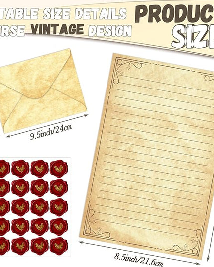 TaoBary 160 Pcs Stationery Paper Set 50 Double Sided Stationery Papers with 50 Matching Envelopes and 60 Round Dot Sticker, 10 Design(Vintage,5.5 x 8.25 Inch)