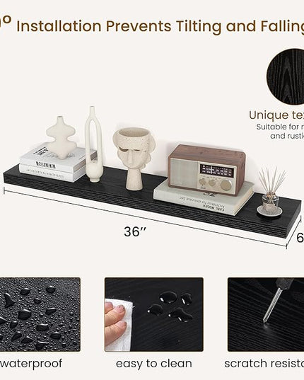 Dreamland 36Inch Floating Shelves for Wall, Rustic Wooden Black Floating Shelves for Bathroom|Bedroom|Kitchen, Deep Wall Mounted Book Shelf, Wood Storage Display Shelf for Home Decor, Set of 2