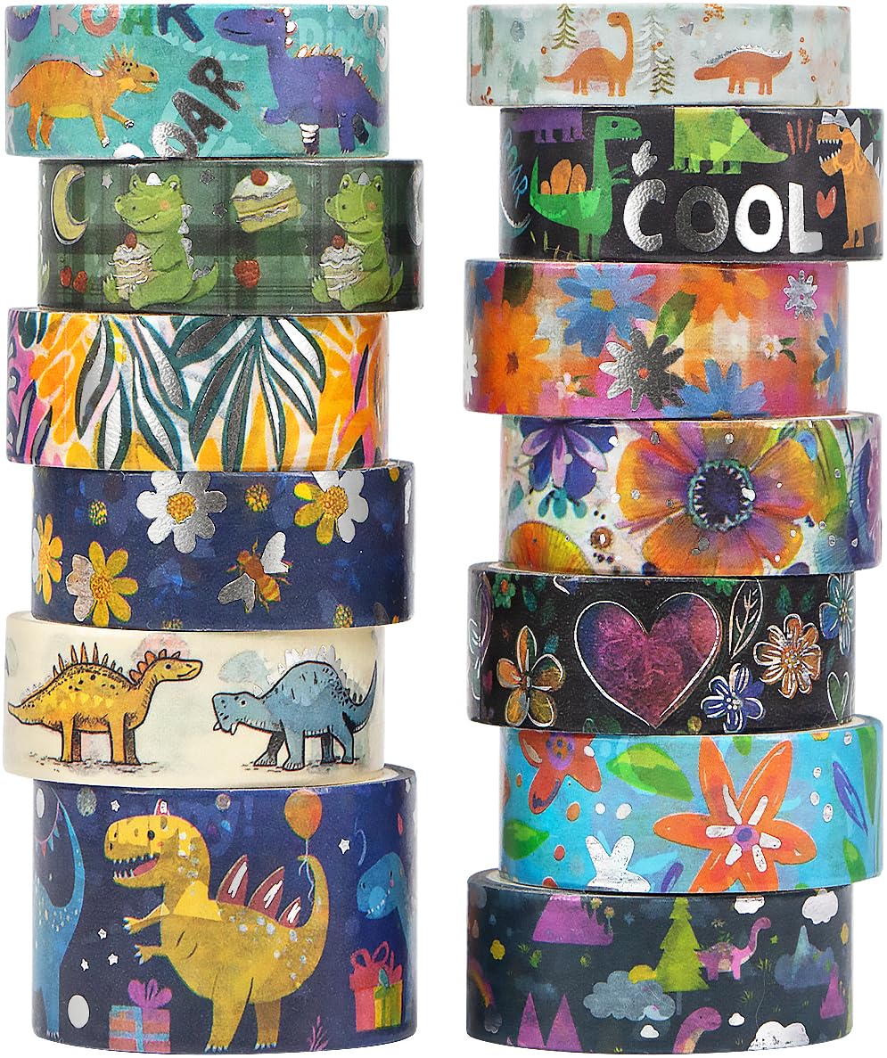 NANYNNU Dinosaur Washi Tape Set, 13 Rolls Silver Foil Cute Washi Tapes, Kawaii Floral Decorative Masking Tape for Journaling Supplies, Scrapbooking, Bullet Journal, Planner Decoration, DIY Crafts