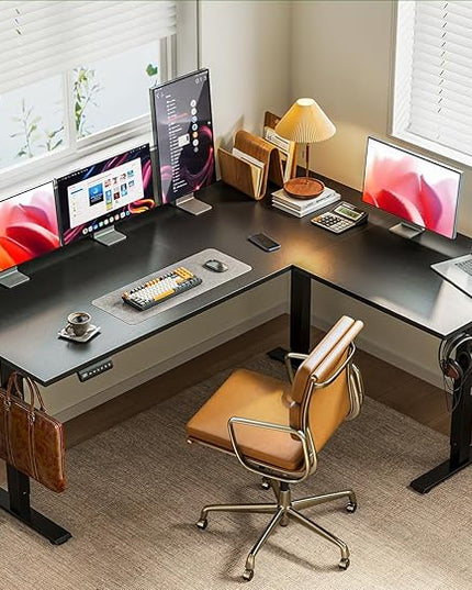 Casaottima 63 Inch Reversible L Shaped Electric Standing Desk, Ergonomic Height Adjustable Desk, Large Lift Corner Stand up Table for Workstation, Home Office, Reception Room, Black