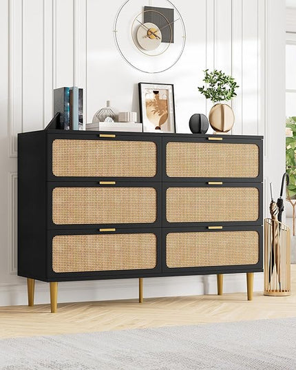 Garvee Rattan Dresser with 6 Drawers, Tall Modern Closet with Deep Storage, Large Chest of Drawers with Wide Top, Long Wooden Dresser for Bedroom, Living Room, Hallway, Kids Room, Black