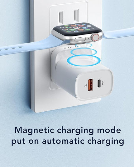VRURC Charger for iPhone & Apple Watch, 20W USB C Fast Charging Block, 3-in-1 Compact Travel Adapter with 2 Port for iPhone 17/16/15/14/13, Wireless Magnetic for iWatch SE/11/10/9/8/7/6/5/4-White