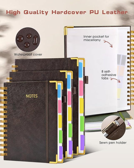 Hardcover Spiral Notebook 8.5"x11" Journal with Removable Dividers Tabs, 300 Pages Leather 5 Subject Notebook College Ruled, Large A4 Notebooks for Work School, Lined Journal for Women, A4 Brown