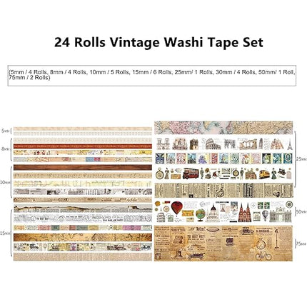24 Rolls Vintage Washi Tape Set, Antique Car Buildings Map Stamp Stripe Writable Aesthetic Washy Decorative Tapes for Scrapbooking, Junk Journal Supplies, Bullet Journaling 5-75mm Wide (3m Long)/Roll