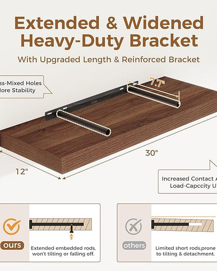 Fun Memories 30 Inch Floating Shelves, 12 Inch Deep Floating Shelf for Wall, Rustic Deep Shelves for Books, Bathroom, Living Room, Kitchen, 30 x 12 x 2 Wood Floating Shelves, Walnut Color, Set of 2