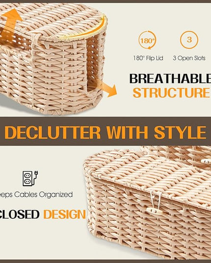 FairyHaus Cable Management Box 2Pack Cream, Handwoven Large and Small Cable Organizer Box Cover to Hide Cords and Power Strip, Imitation Wicker Cord Organizer Box Hider for Office Desk and Floor