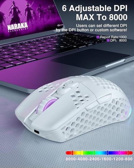 SOLAKAKA SM600 White Wireless Gaming Mouse,Tri-Modes BT5.1/Type-C Wired/2.4G Wireless Mouse with 2 Side Buttons, Programmable Macro Gamer Mouse with RGB Light for Laptop/PC/Mac
