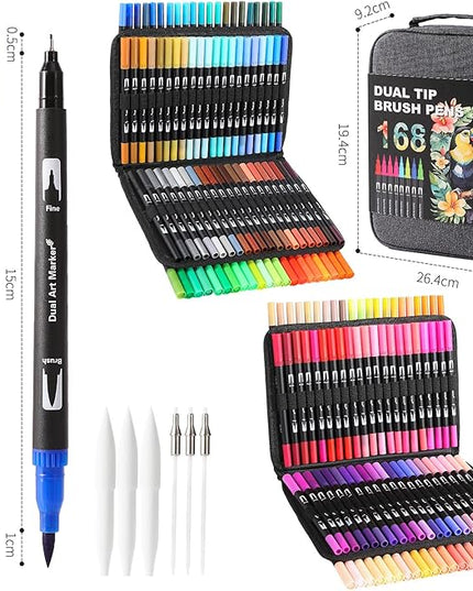 Dual Tip Markers, Brush Art Markers Set with Fine Tip and Brush Tip for Adult Coloring Book, Hand Lettering, Calligraphy & Drawing, Professional Art Supplies Kit for Adults (168 Colors)