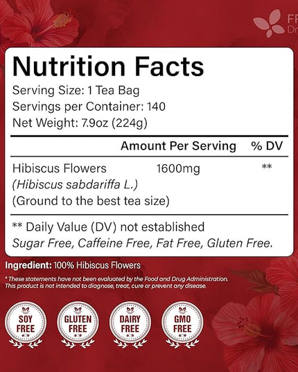 FreshDrinkUS, Premium 140 Hibiscus Flowers Tea Bags, 100% Natural, Handmade & Pure from Hibiscus Flowers. No Sugar/Caffeine/Gluten, Vegan. Tart & Refreshing, Hot or Ice Tea, Great For All Seasons
