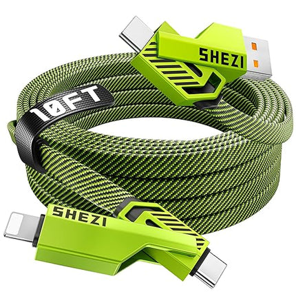 SHEZI [Upgraded 2.0] 4-in-1 USB C Cable 60W 10FT Fast Charging [480Mbps Data Sync] Flat Nylon Braided Charger Cord Combo, USB A/C to C/L Multi Charge Cable for iPhone/iPad & Most Devices, Green