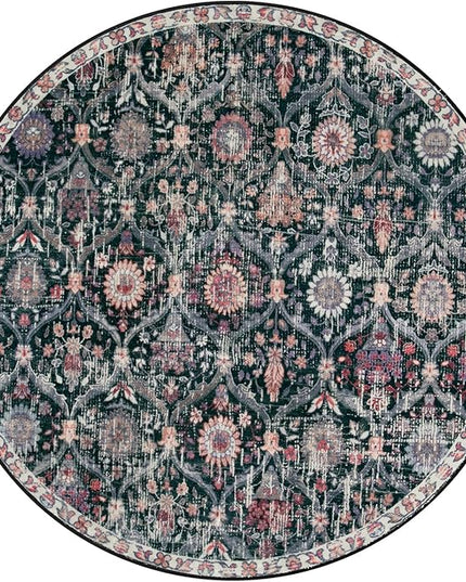 Lahome Moroccan Trellis Washable Round Rugs, Non-Slip Soft Round Rug 4ft Ultra-Thin, Small Vintage Circle Carpet for Entryway Kitchen Bedroom Nursery Bathroom, Black/Multi