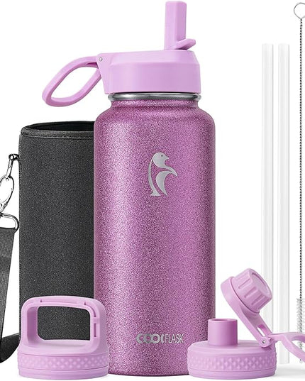 Coolflask Water Bottle 32 oz Insulated with Straw, Stainless Steel Metal 3 Lids Water Flask Wide Mouth for Sports or Office, Non-BPA Keep Cold Up to 48 Hrs or Hot Up to 24 Hrs, Glitter Pink