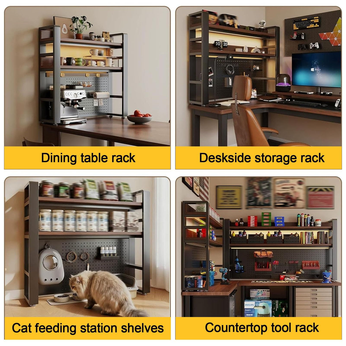 2/3/4 Tier Desktop Bookshelf with Pegboard and Storage Parts, Metal Desktop Organizer Hutch, Desk Shelves for Top of Desk, Shelf Organizer Display Rack for Dorm Home(White+Wood,2-tier L37.4in)