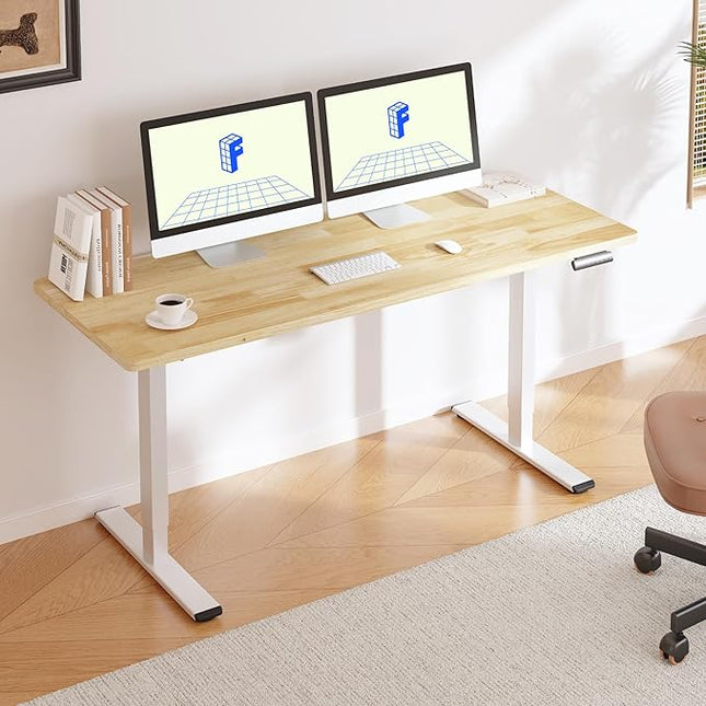 FLEXISPOT E3 Solid Wood Dual Motor 63 x 24 Electric Standing Desk Sit Stand Desk, Holds 220 lbs, Adjustable Height w/Memory Presets, Butcher Block Rubberwood Desktop & White Frame, Ships in 2 Boxes