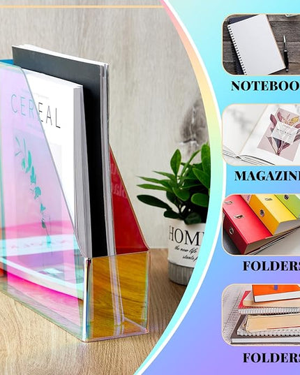 2 Pcs Iridescent Vertical Magazine File Holder Acrylic Magazine Holder Storage Organizer Plastic Clear Acrylic Rack for Office Classroom Home Document Paper Book Collection