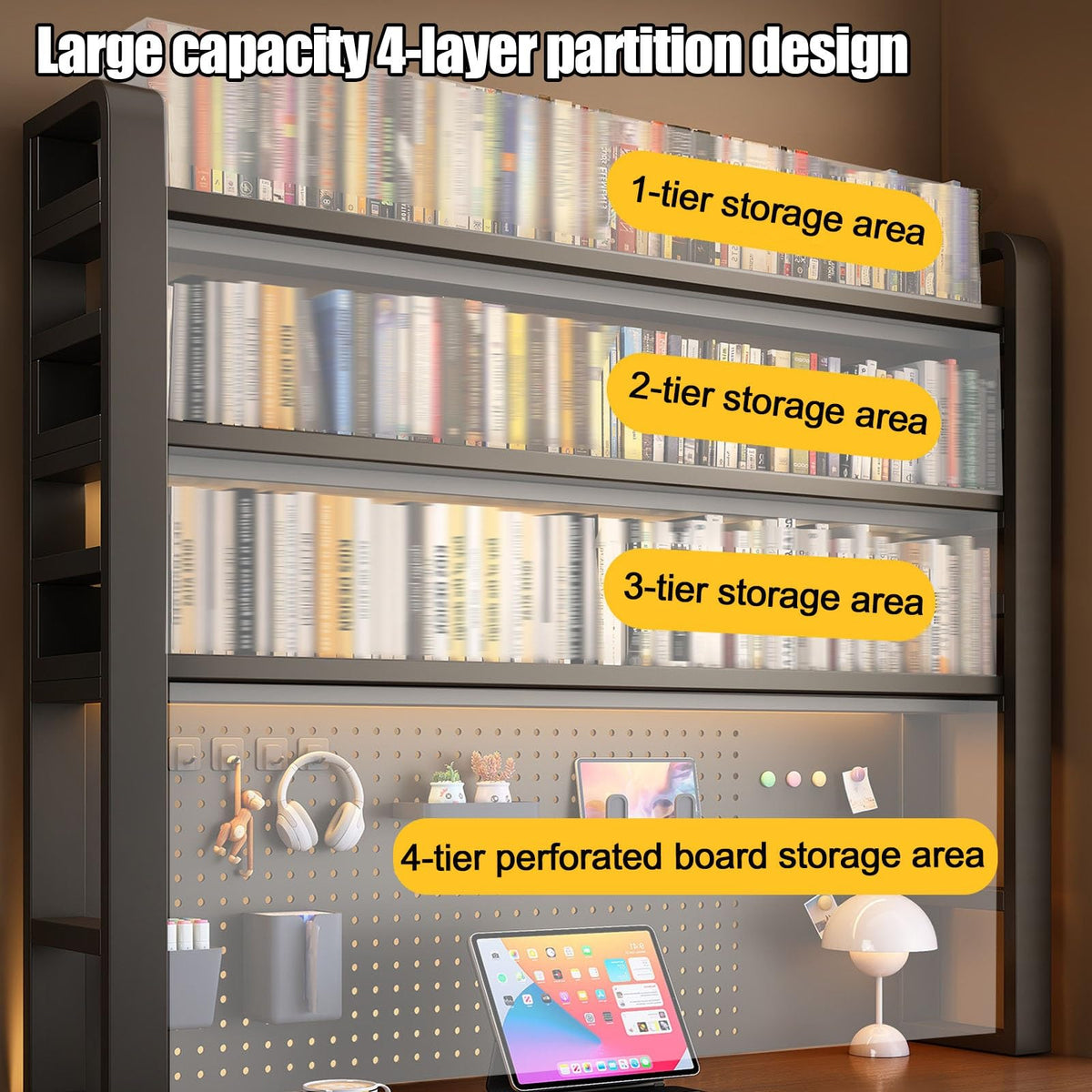2/3/4 Tier Desktop Bookshelf with Pegboard and Storage Parts, Metal Desktop Organizer Hutch, Desk Shelves for Top of Desk, Shelf Organizer Display Rack for Dorm Home(Black+Brown,4-tier L53.1in)