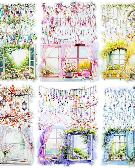AuriicLeaf Romantic Window PET Stickers, 96pcs Dreamy Floral and String Light Decorative Sticker for Scrapbooking, Journaling, DIY Crafts, Planner Supplies