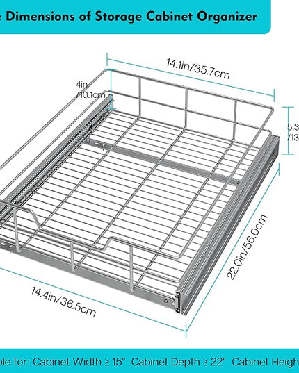 Pull Out Cabinet Organizer 14" W X 22" D, Slide Out Drawers For Kitchen Organizers and Storage, Pull Out Drawers For Cabinets Capacity Heavy Duty Caddy, Cabinet Shelves Chrome-Plated, Bathroom Pantry