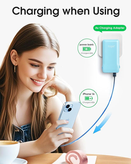 TG90° 10000mAh Power Bank with Built-in AC Wall Plug and Cables, Ultra Slim Phone External Battery Pack Portable Charger Compatible with iPhone and Android Devices