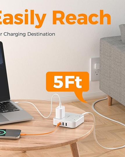 Flat Plug Extension Cord 5 Ft, TESSAN Surge Protector Power Strip Ring Pull with 3 USB (1 USB C) 4 Outlets, 900 Joules Protection, Desktop Charging Station for Home, Office, College, Dorm Room, Gray