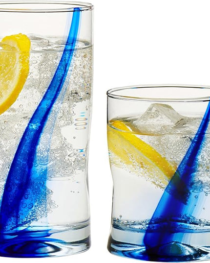 Libbey Blue Ribbon 16 Piece Tumbler and Rocks Glass Set, Infused Blue Ribbon Drinkware Glasses Set, Artisan Inspired Four-Dimple Shaped Rock Glasses, Dishwasher Safe Tumbler Glasses Set