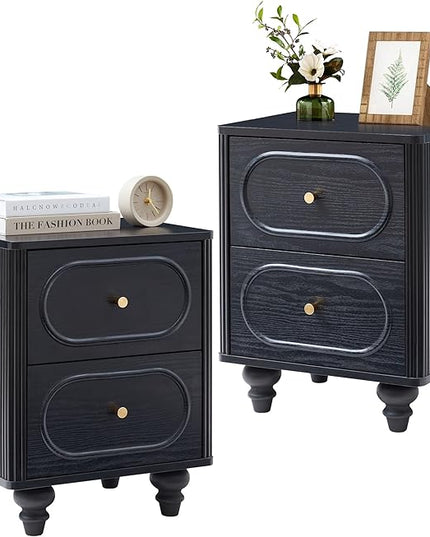 2 Drawer Fluted Mini Small Dresser for Bedroom Set of 2, Mid Century Modern Nightstand Bedside End Table, Wood Storage Dresser Organizer for Bedroom Living Room, Black
