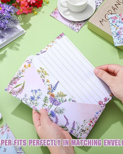 TaoBary 160 Pcs Stationery Paper Set 50 Double Sided Stationery Papers with 50 Matching Envelopes and 60 Round Dot Sticker, 10 Design(Wildflower,8.5 x 11 Inch)