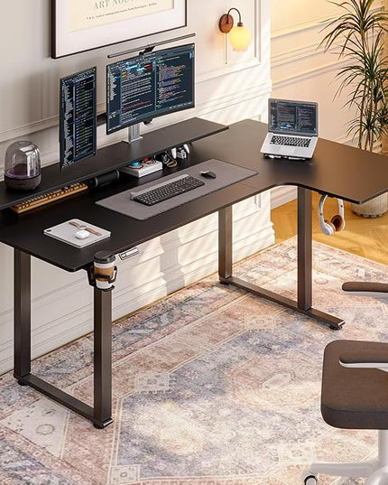 L Shaped Standing Desk, 71x43'' Electric L Stand Up Desk with 2 Adjustable Monitor Shelves, Dual Motor and Memory Controller, Adjustable Height from 28-46'' for Home and Computer Workstation, Black