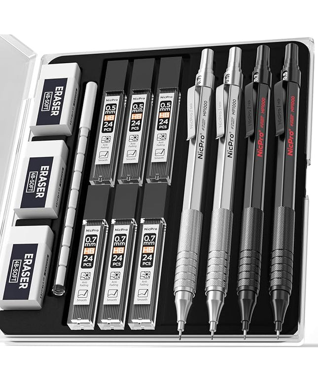 Nicpro 4 PCS Metal Mechanical Pencil Set 0.5 mm & 0.7mm with Case, Artist Pencil MP1000 with 6 Tubes HB Lead Refill, 3 Eraser, 9 Eraser Refill For Art Writing Drafting Drawing,Black & Silver