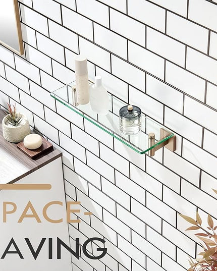 KOKOSIRI Wall Shelves Bathroom Hardware Glass Floating Shelf Small Hanging Rack Storage/Room Decor 16-Inch Champagne Bronze 2 Pack B1105CPG-L16-P2