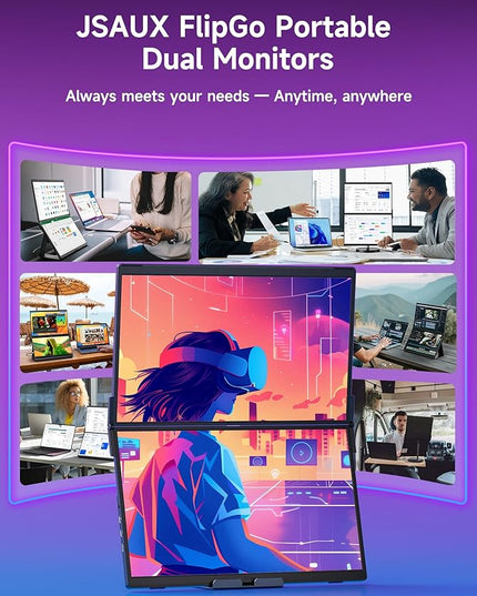 JSAUX FlipGo Pro 15.6" Dual Portable Monitors, 1080P FHD IPS Dual Screen Monitor, Triple Screen Laptop Monitor Extender for Wins/macOS (Driver Required) with Magnetic Design/Plug & Play/Built-in Hub