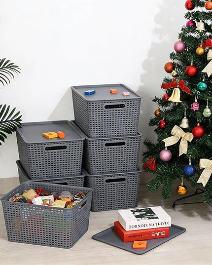 6 Pack Plastic Storage Bins with Lids, Stackable Storage Baskets with Handles, Large Organizer Bins for Desk, Shelves, Office, Plastic Container Bins for Pantry Organizers and Storage, Grey