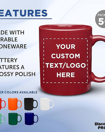 Custom Ceramic Coffee Mugs 11 oz. Set of 50, Personalized Bulk Pack - Coffee cup set, Iced coffee cup, Gaming mug - Red