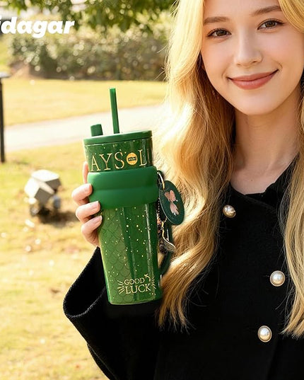24 oz Tumbler with Lid and Straw, Insulated Coffee Mug Leak Proof, Portable Iced Travel Water Bottle, Reusable Thermal Coffee Cup, Gifts for Women, Emerald Green