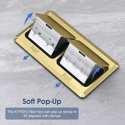 KYHSHJ Dual Pop-Up Floor Electrical Outlet Box Kit，20 Amp Stainless Steel TR Tamper-Resistant Duplex Receptacle Outlet，3-Port RJ45 Datacom Receptacle，ETL Listed, Brass