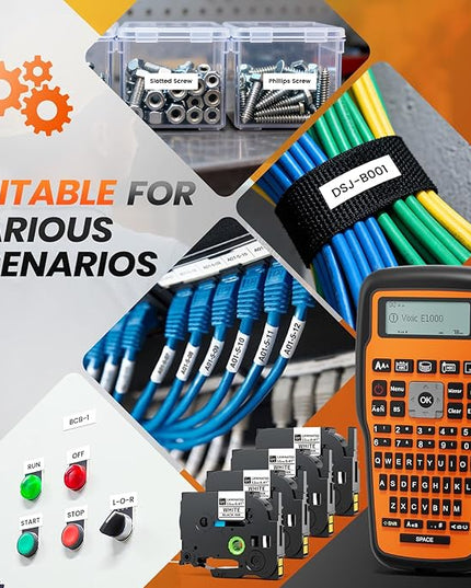 Vixic Industrial Label Maker, Cable Wire Label Maker Waterproof-Labels Bundle 4 Laminated-Tapes for Electricians Network Office Labeling, E1000 Heat Shrink Tube Labeler Machine Handheld & Portable
